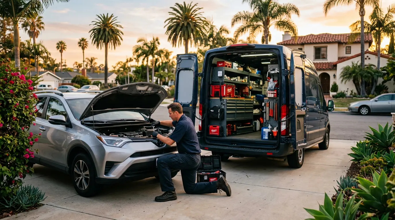 Mobile mechanic repairing an SUV in a driveway beside a fully stocked service van