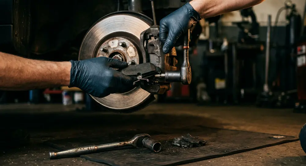 Gloved hands replacing brake pads on a wheel hub